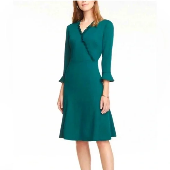 Ann Taylor Green Faux Wrap Dress 3/4 Sleeves Work Career Christmas 10